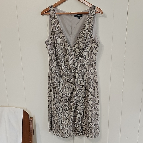 Lauren Ralph Lauren Taupe Snake Surplice Print Dress Womens 14 Midi Python EUC - Picture 4 of 16
